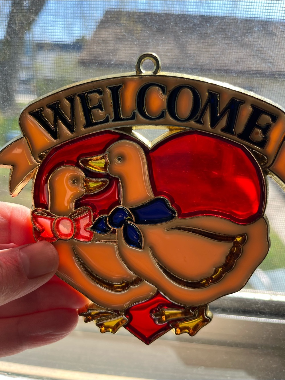Welcome Ducks Faux Stained Glass Suncatcher - Red and Tan Vintage